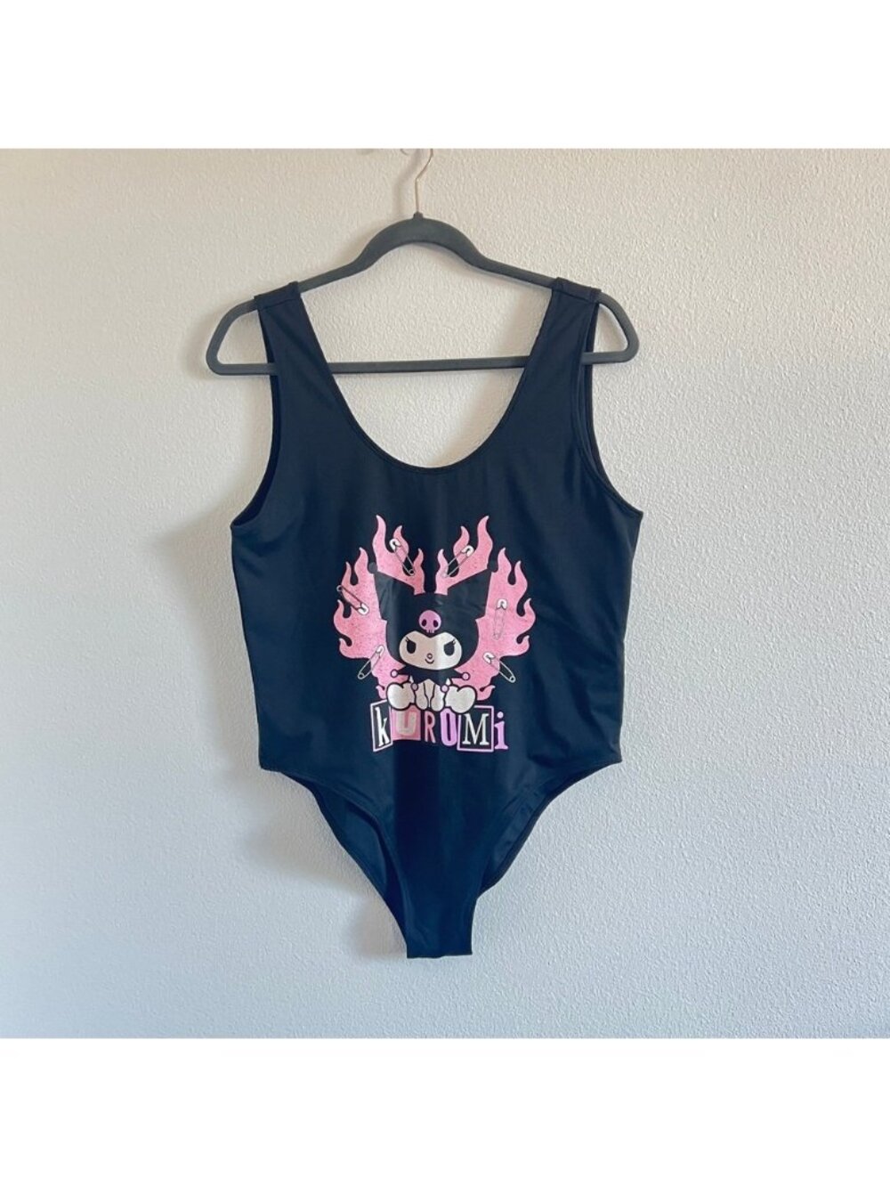 Sanrio Kuromi Black/Pink Flame Graphic Sleeveless Bodysuit XL Mall Goth Punk Y2K